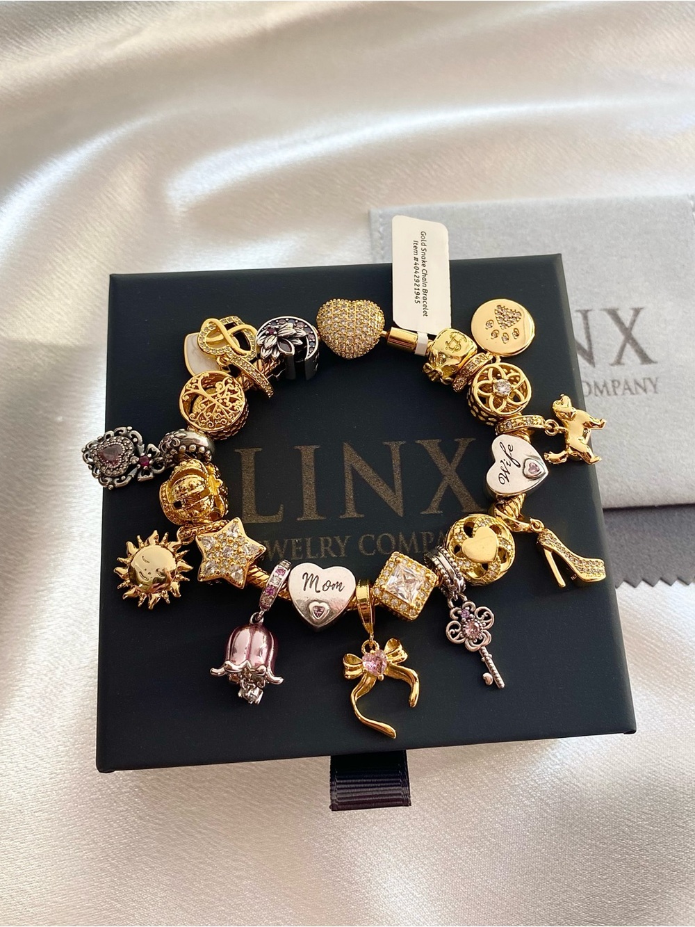 Linx Gold Snake Chain Charm Bracelet with Wife & Mom Themed Charms